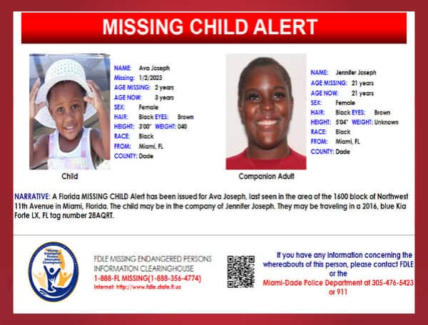 Florida Missing Child Alert Canceled For 3-Year-Old Ava Joseph, Child Is Safe Florida Missing Child Alert Canceled For 3-Year-Old Ava Joseph, Child Is Safe