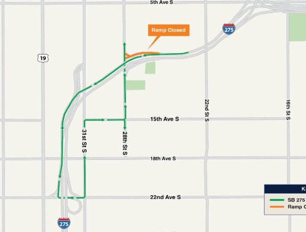 Southbound I-275 Ramp (Exit 21) To 28th Street South Closing Nightly In St. Petersburg