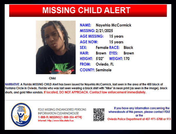 Florida Missing Child Alert: 15-Year-Old Oviedo Teen, Nayehla McCormick Florida Missing Child Alert: 15-Year-Old Oviedo Teen, Nayehla McCormick