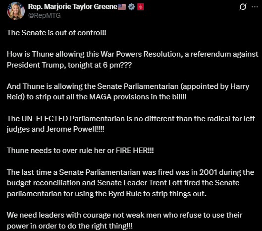 Georgia Rep. MTG Unleashes Fury On Thune Over "Weak" Senate Leadership, War Powers Vote