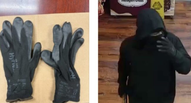 Gloves worn by the robber, found in the defendant’s home (DOJ)